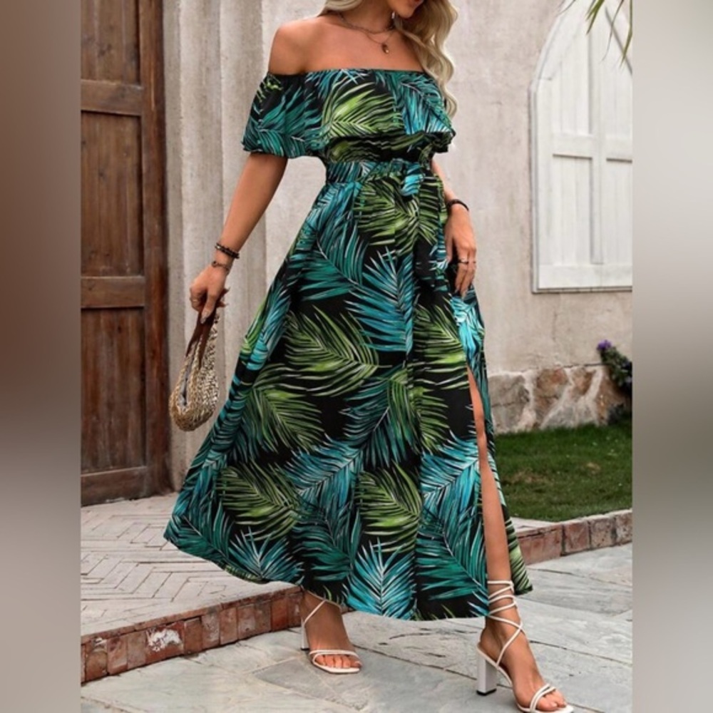 Women’s Tropical Palm Leaves Strapless Maxi Dress Coverup Swim Size Medium